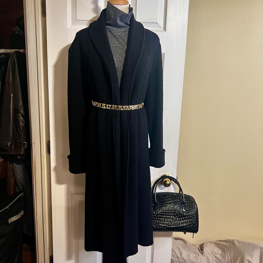 Eileen Fisher Wms Wool Boucle Textured Open Knit Black‎ Midi Duster Coat